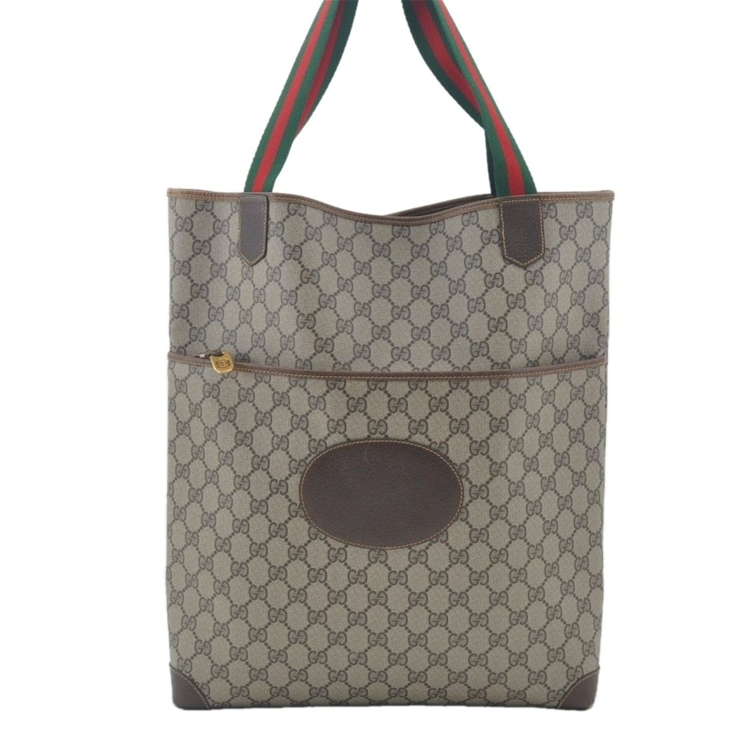 Authentic GUCCI Web Sherry Line Shoulder Tote Bag GG PVC Leather Brown AB018