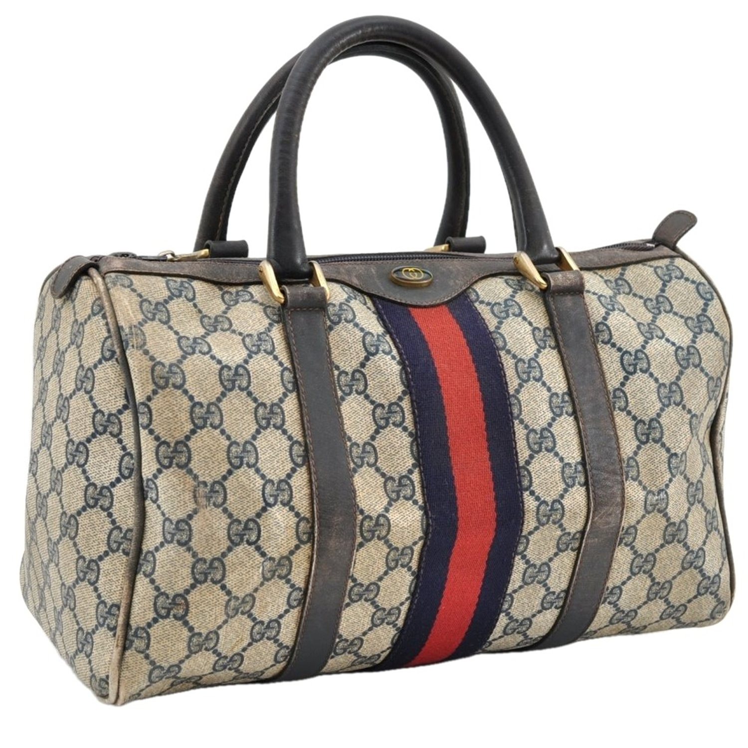 Auth GUCCI Sherry Line GG Hand Boston Bag Purse PVC Leather Navy Blue AC676 main product image