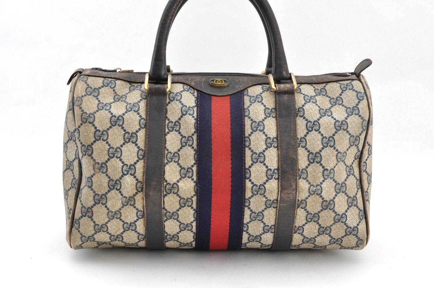 Auth GUCCI Sherry Line GG Hand Boston Bag Purse PVC Leather Navy Blue AC676 detailed image 2