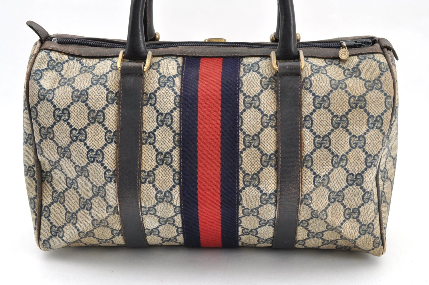 Auth GUCCI Sherry Line GG Hand Boston Bag Purse PVC Leather Navy Blue AC676 detailed image 3